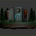 Mystical Stone Platform With Glowing Symbols Pine Trees And Red Inscriptions