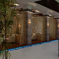 Chinese Style Restaurant Interior With Wooden Ceiling Red Pendant Lights And Beige Sofas