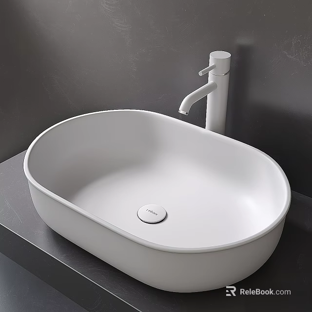 Modern White Oval Vessel Sink with Minimalist Faucet on Gray Countertop 3d model 