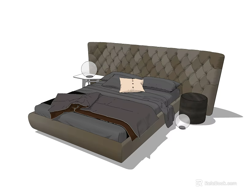 Double Bed with Tufted Upholstered Headboard Bed Linens Side Table Lamp and Round Stool 3d model