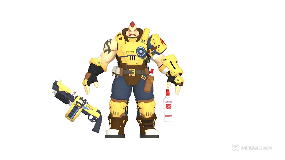 Powerful Game Character With Yellow Armor Red Hair Weapon And Waist Tools 3d model 