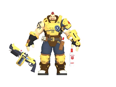 Powerful Game Character With Yellow Armor Red Hair Weapon And Waist Tools 3d model
