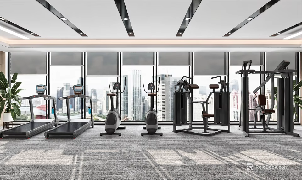 Modern Gym Space With Fitness Equipment And City View Through Large Windows 3d model 