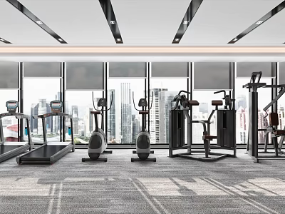 Modern Gym Space With Fitness Equipment And City View Through Large Windows 3d model