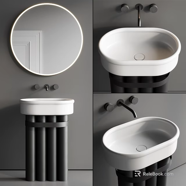 Modern Minimalist Bathroom Sink With Round Mirror Black Faucet White Basin And Black Stand 3d model 