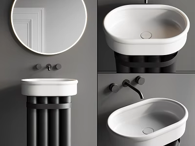 Modern Minimalist Bathroom Sink With Round Mirror Black Faucet White Basin And Black Stand 3d model
