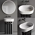 Modern Minimalist Bathroom Sink With Round Mirror Black Faucet White Basin And Black Stand