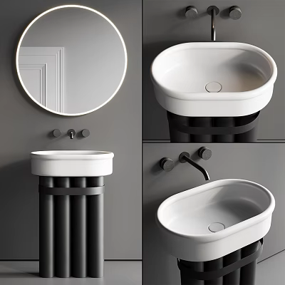 Modern Minimalist Bathroom Sink With Round Mirror Black Faucet White Basin And Black Stand 3d model