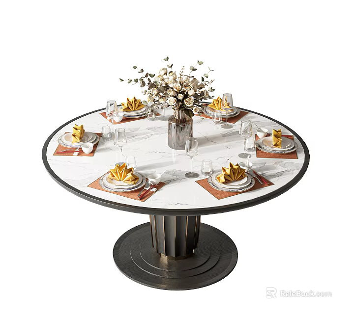 Round Marble Top Dining Table With Gold Placemats Plates And Flower Vase 3d model 