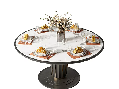 Round Marble Top Dining Table With Gold Placemats Plates And Flower Vase 3d model