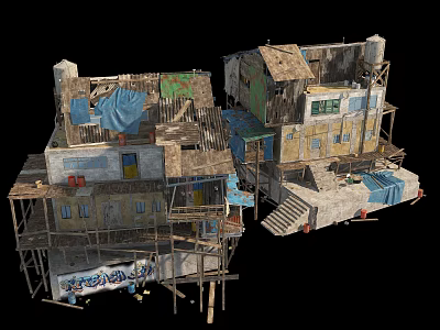 Makeshift Slum Dwellings With Tin Roofs Wooden Planks And Rag Covers 3d model