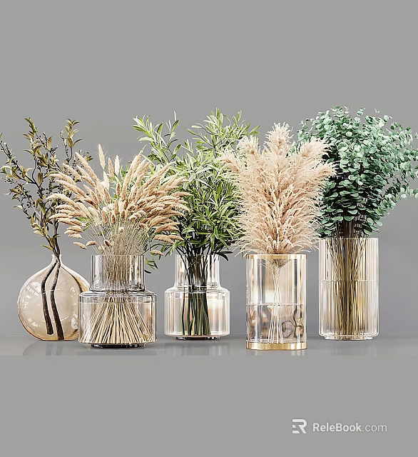 Transparent Decorative Vases With Dried Grass And Green Foliage For Home Decor 3d model 