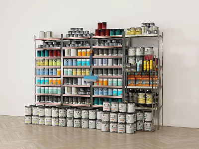 Industrial Equipment Metal Storage Rack Holding Organized Colorful Paint Cans 3d model