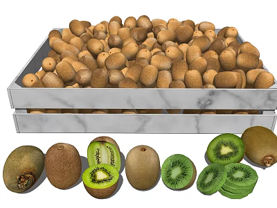 Fresh Kiwi Fruits in Wooden Crate with Whole and Sliced Pieces 3d model