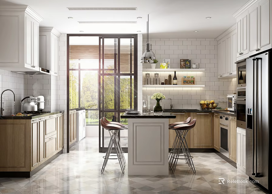 Modern Kitchen Interior With Island Cabinets Bar Stools And Natural Light 3d model