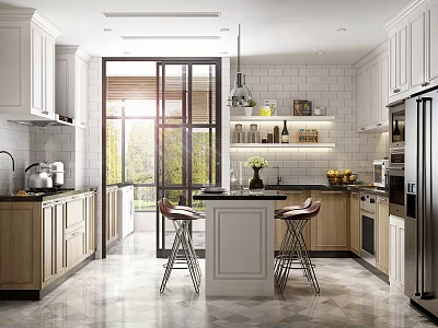 Modern Kitchen Interior With Island Cabinets Bar Stools And Natural Light 3d model