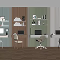 Modern Workspace Interior With Striped Walls Desks Shelves Laptops And Chairs