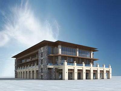 Elegant Modern Sales Office Building With Stone Facade Large Glass Windows Balconies And Open Plaza 3d model