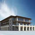 Elegant Modern Sales Office Building With Stone Facade Large Glass Windows Balconies And Open Plaza