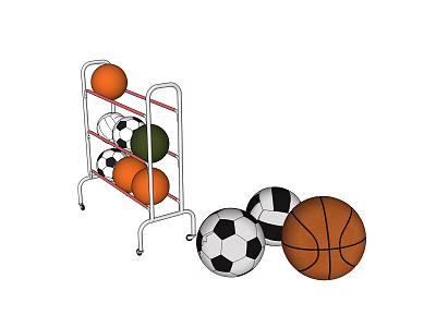 Indoor Basketball Court Featuring Metal Ball Rack With Basketballs And Soccer Balls 3d model