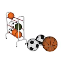 Indoor Basketball Court Featuring Metal Ball Rack With Basketballs And Soccer Balls