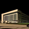 Modern Industrial Factory Building Large Glass Windows White Facade Green Trees Parking Clear Sky