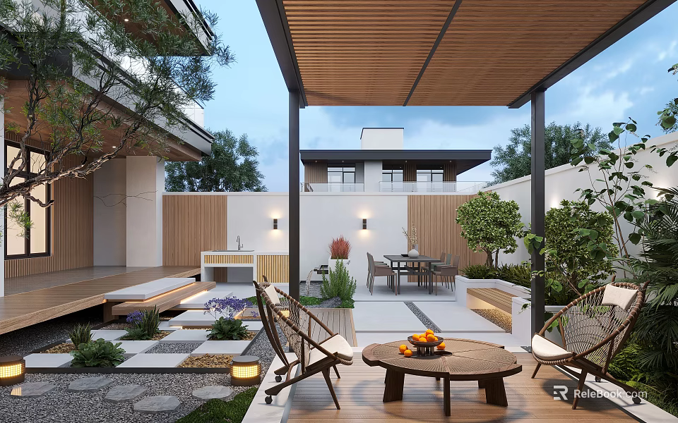 Modern Courtyard Garden With Wooden Pergola Outdoor Furniture And Green Plants 3d model 
