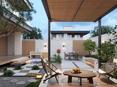Modern Courtyard Garden With Wooden Pergola Outdoor Furniture And Green Plants 3d model