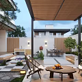 Modern Courtyard Garden With Wooden Pergola Outdoor Furniture And Green Plants