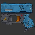 Blue Futuristic Pistol With Red Indicator Light Yellow Warning Sign And Gray Grip