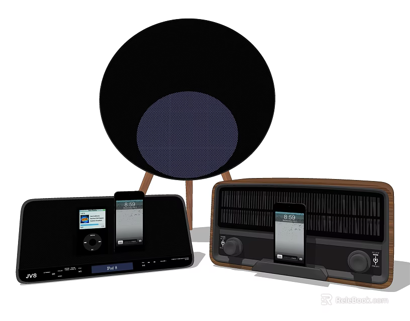 Three Styles Audio Speakers Including Circular Design With Phone Dock Digital Display And Radio 3d model 