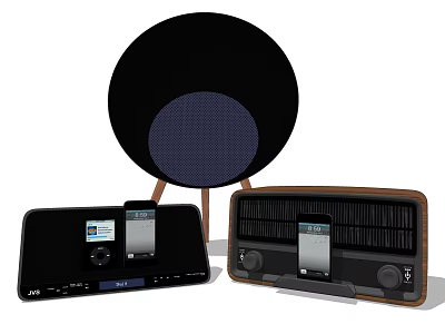 Three Styles Audio Speakers Including Circular Design With Phone Dock Digital Display And Radio 3d model
