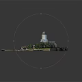 Island Building Model with Green Dome Tower Surrounding Trees Bridge Water and Boats