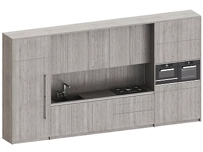 Modern Grey Wood Kitchen Cabinets Featuring Sink Stove And Built In Ovens 3d model