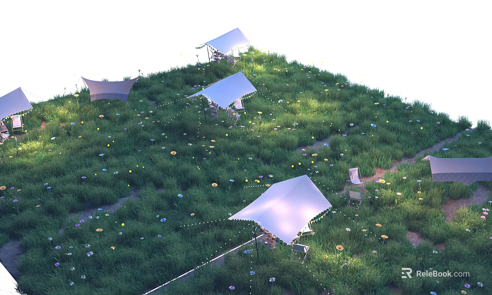 Beautiful Multiple Tents On Lush Green Grassland With Small Flowers And Colorful Decorations 3d model 