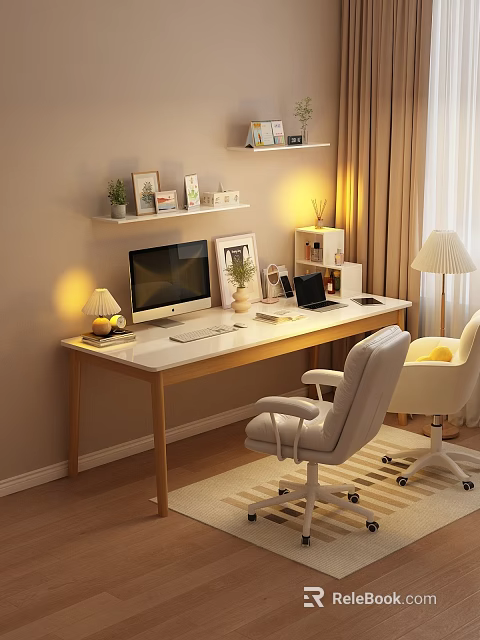 Modern Cozy Desk Setup With Computer Monitor Laptop Table Lamp And Shelves 3d model 