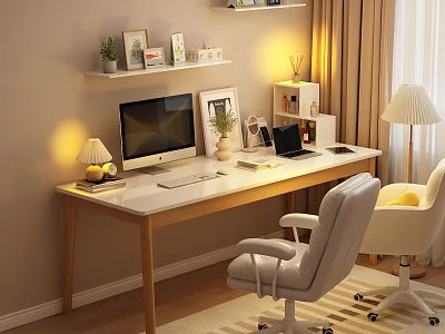 Modern Cozy Desk Setup With Computer Monitor Laptop Table Lamp And Shelves 3d model