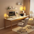 Modern Cozy Desk Setup With Computer Monitor Laptop Table Lamp And Shelves