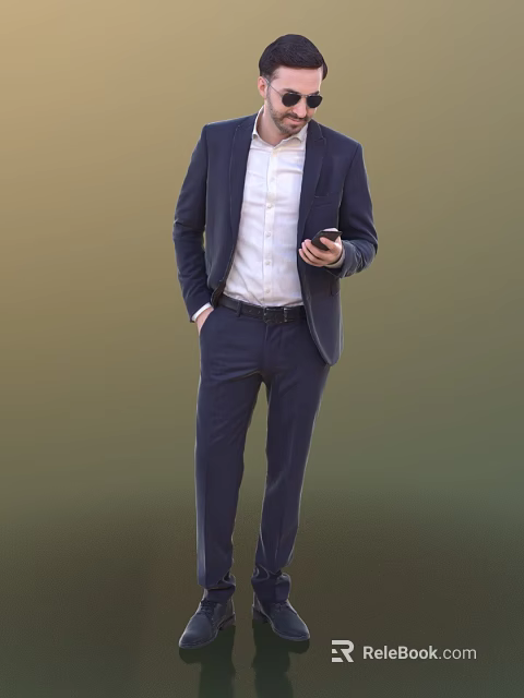 A Man In Navy Blue Business Suit Holding Mobile Phone Standing Against Neutral Background 3d model 