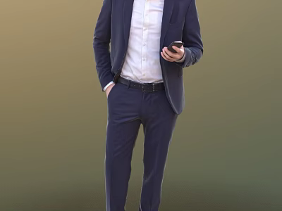 A Man In Navy Blue Business Suit Holding Mobile Phone Standing Against Neutral Background 3d model