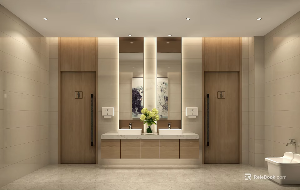 Modern Public Restroom With Wooden Doors Mirrors Sink Counter And Flower Decoration 3d model 