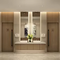 Modern Public Restroom With Wooden Doors Mirrors Sink Counter And Flower Decoration