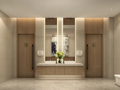 Modern Public Restroom With Wooden Doors Mirrors Sink Counter And Flower Decoration 3d model