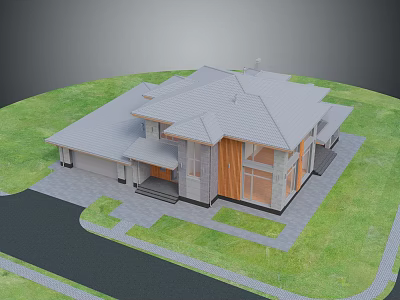 Modern House With Gray Roof Stone Wooden Exterior Large Windows Green Lawn And Driveway 3d model