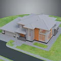 Modern House With Gray Roof Stone Wooden Exterior Large Windows Green Lawn And Driveway