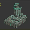 Intricately Carved Stone Tower Sculpture With Sail Shaped Top Green Lights And Weathered Details