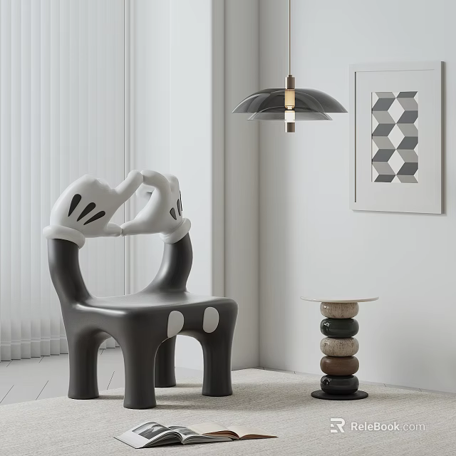 Black and White Mickey Mouse Hand Shaped Leisure Chair with White Shutters and Wall Art 3d model 