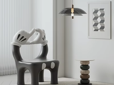 Black and White Mickey Mouse Hand Shaped Leisure Chair with White Shutters and Wall Art 3d model