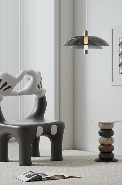 Black and White Mickey Mouse Hand Shaped Leisure Chair with White Shutters and Wall Art 3d model