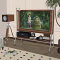 Modern TV Showing Animated Scene on Wooden Stand with Audio Equipment and Speaker